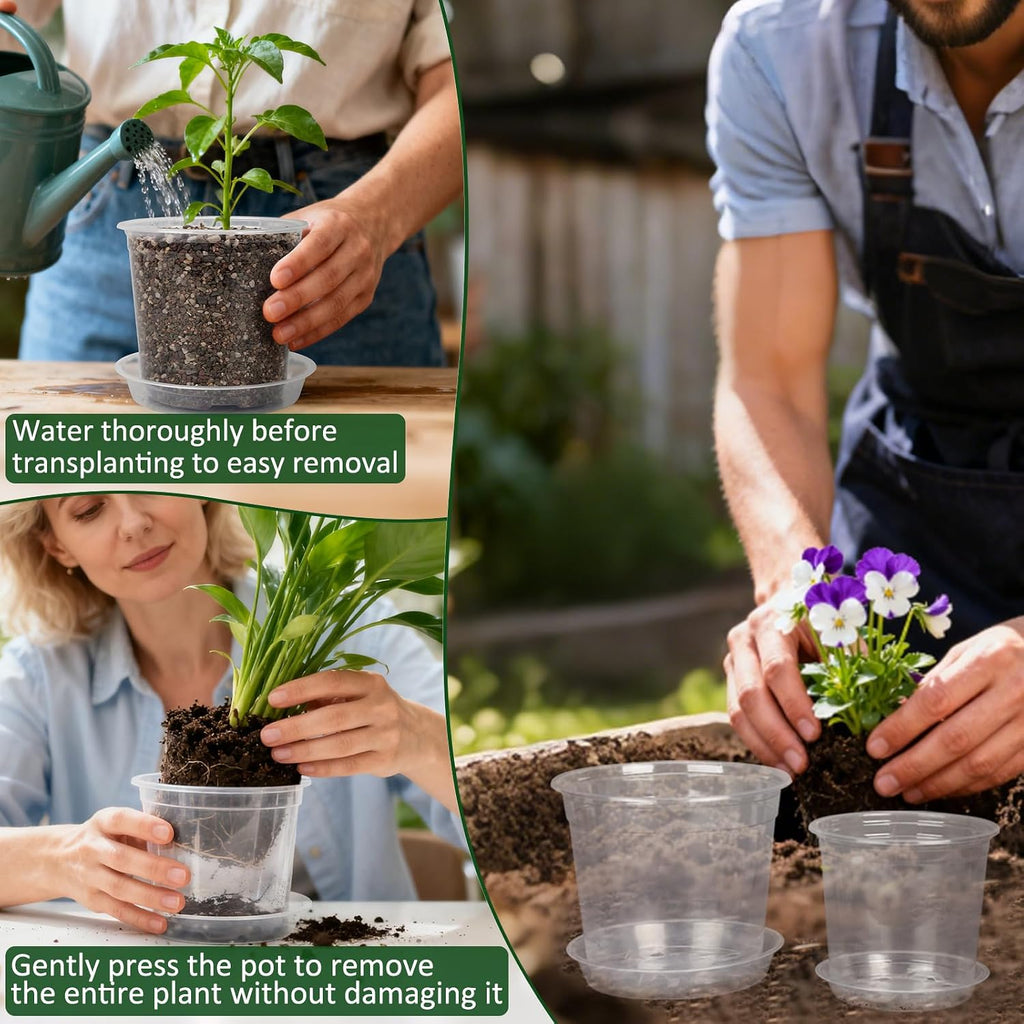 10/8/6/4 Inch Clear Nursery Pots with Drainage Holes and Saucers, 12 Pack Large Clear Pots for Plants Variety Pack
