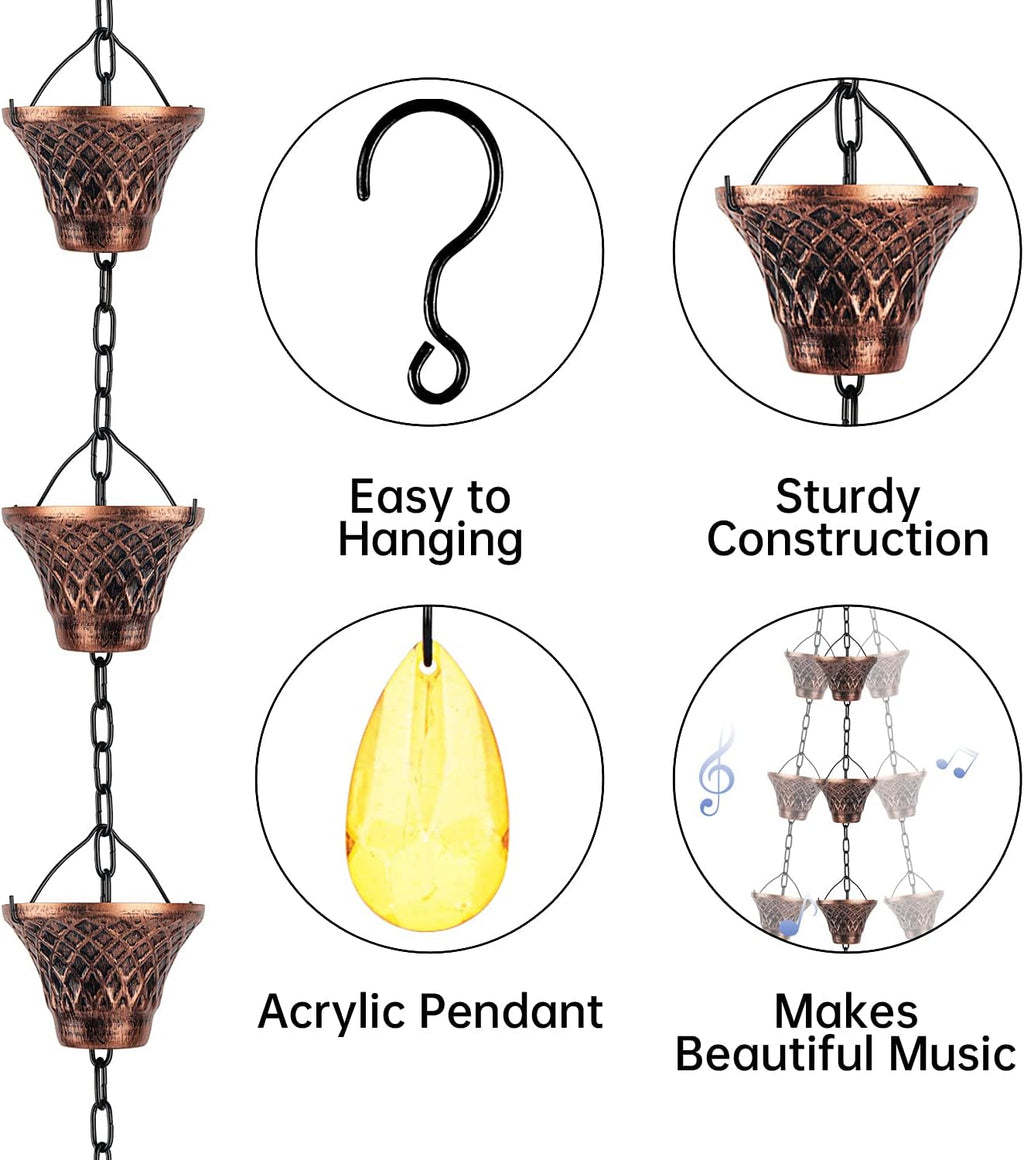 Rain Chains for Gutters Outside Copper Rain Chain 8.5FT 12 Cups | Rain Catcher Chain for Heavy Rain,Rust