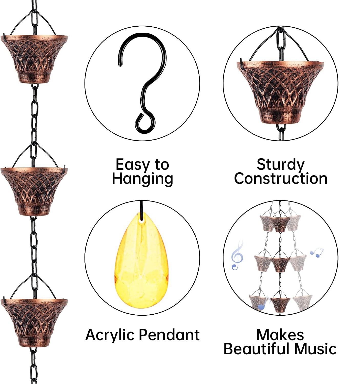 Rain Chains for Gutters Outside Copper Rain Chain 8.5FT 12 Cups | Rain Catcher Chain for Heavy Rain,Rust