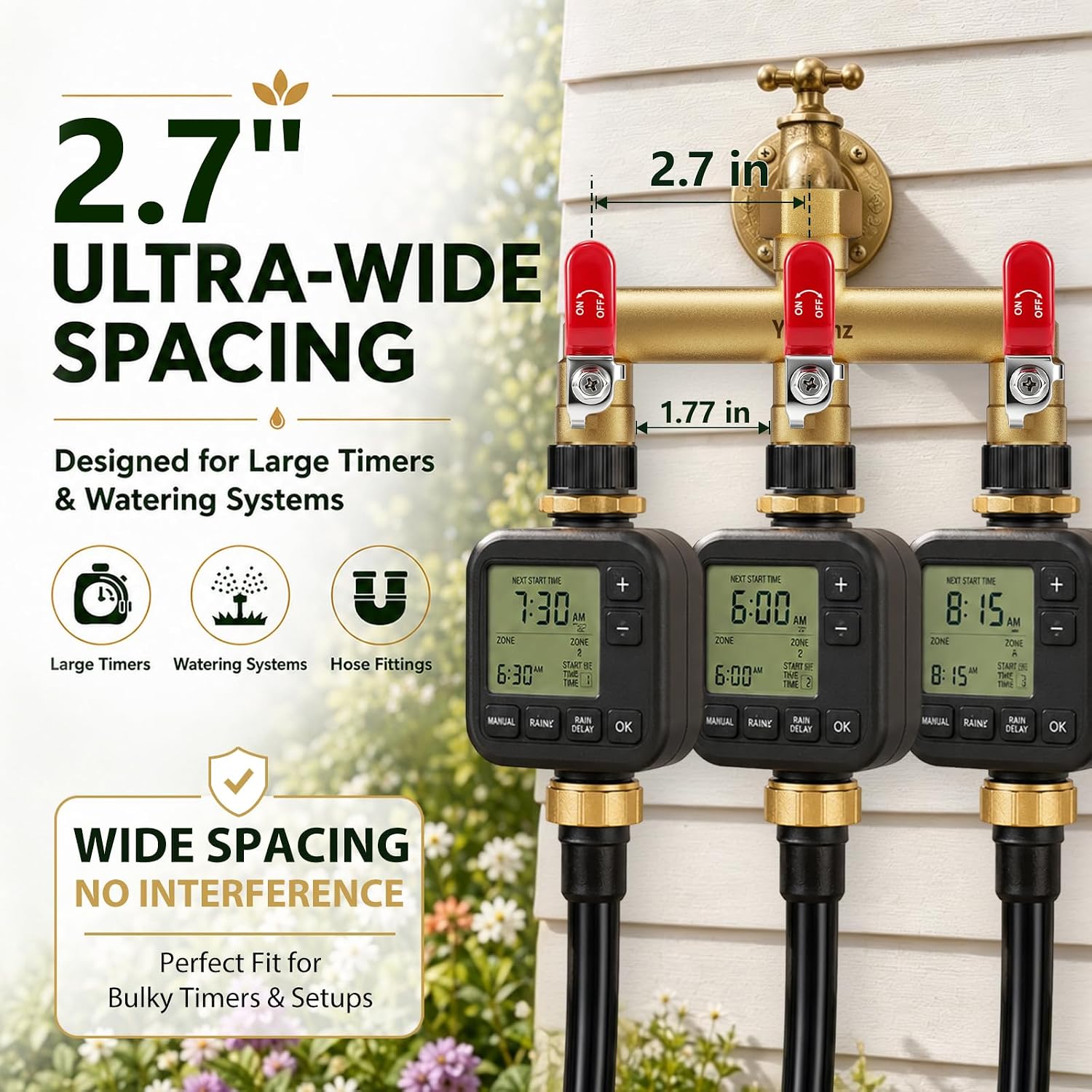 3 Way Garden Hose Splitter, 3/4" GHT Full Flow Hose Splitter | One-Piece Heavy Duty Full Brass Body with Shut-off