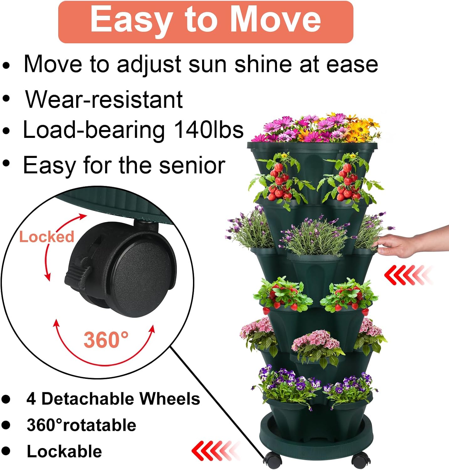 DUNCHATY Stackable Planter, Vertical Strawberry Planter with Garen Tool Set, Self Watering Garden Planter
