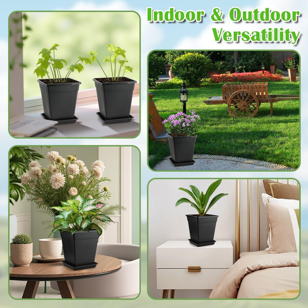 6 inch Plant Pots, 10 Pack Flower Pots Outdoor Indoor, Square Plastic Planter with Drainage Holes and Saucers, 0.5