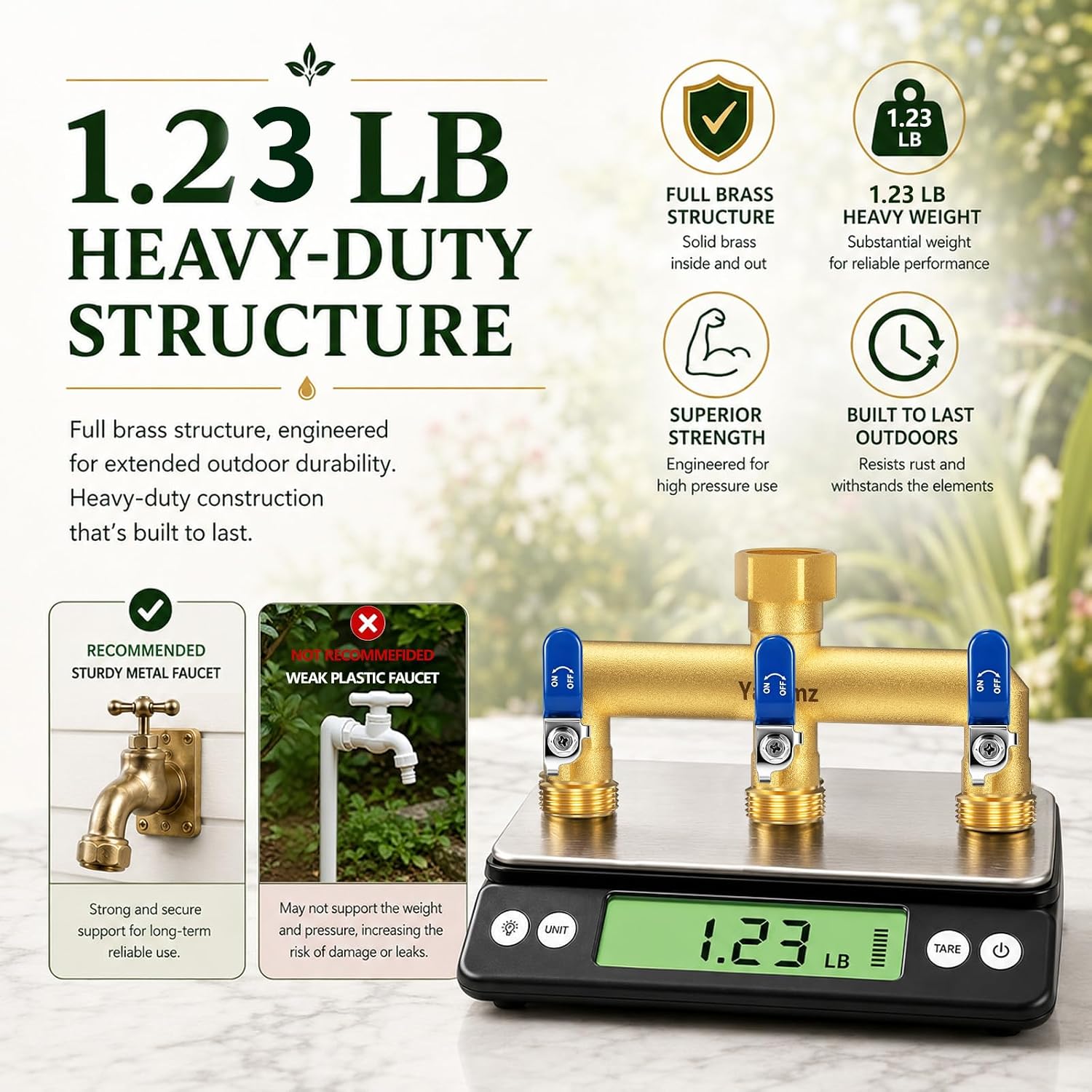 3 Way Garden Hose Splitter, 3/4" GHT Brass Hose Splitter | Wide Spacing Fits Large Timers, 90° Downward Outlets, 3/4"