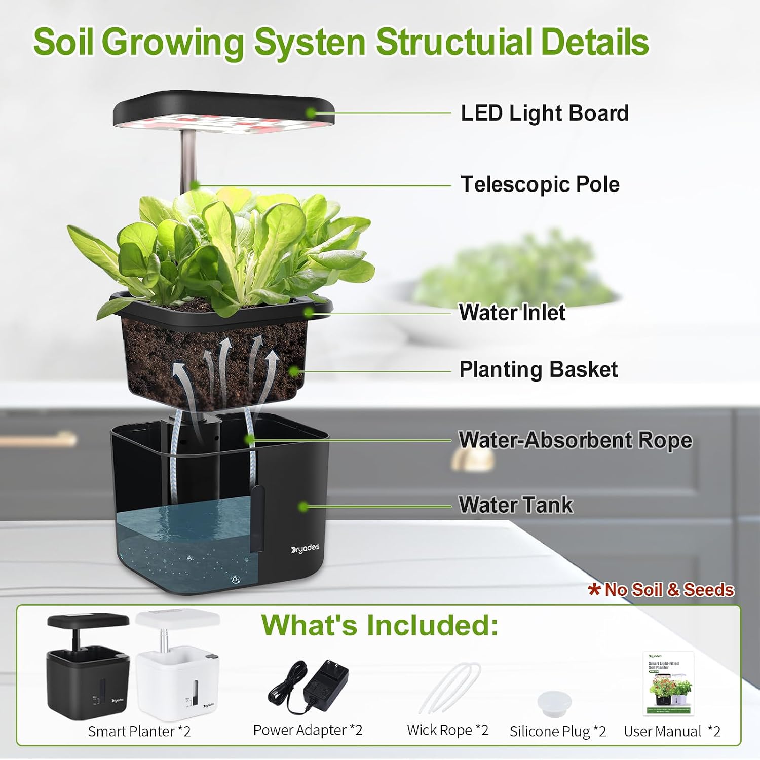 2 PACK Plant Pots Indoor Garden Planter Growing Systems Small Smart Soil Gardening System with 17 Watts LED Grow Light