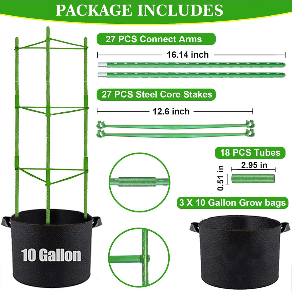 Moirsunt Tomato Cages with 10 Gallon Grow Bags, 48 Inches Tomato Planter | 3-Pack Tomato Stakes Trellis for Raised