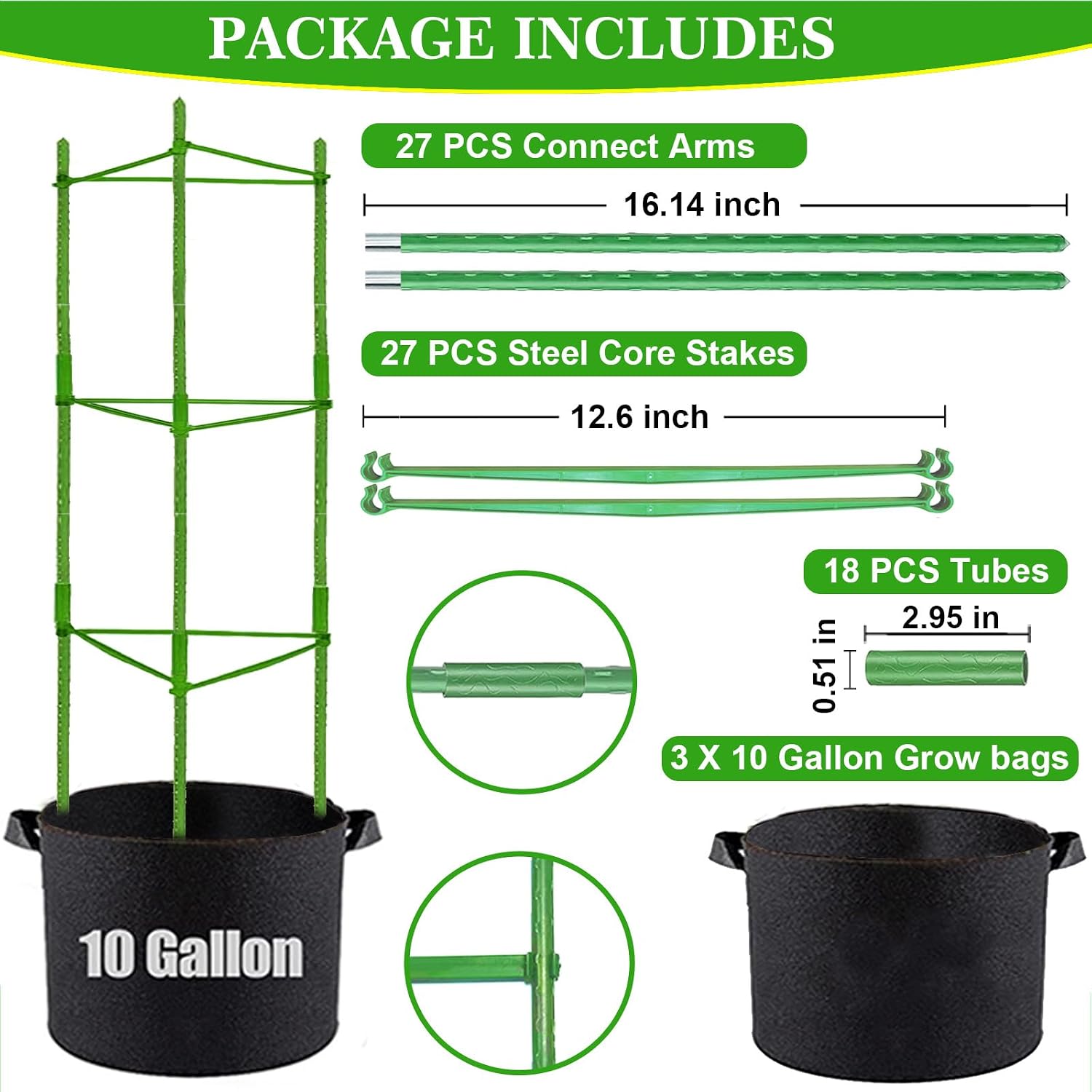 Moirsunt Tomato Cages with 10 Gallon Grow Bags, 48 Inches Tomato Planter | 3-Pack Tomato Stakes Trellis for Raised