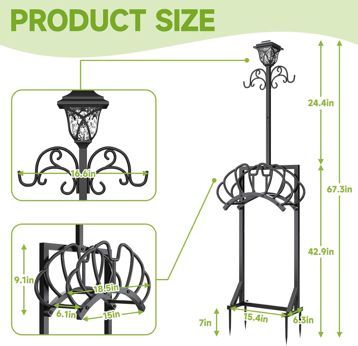 Garden Water Hose Holder with Solar Light & Shepherds Hooks for outside | Stores 160" Hose, Freestanding with Double
