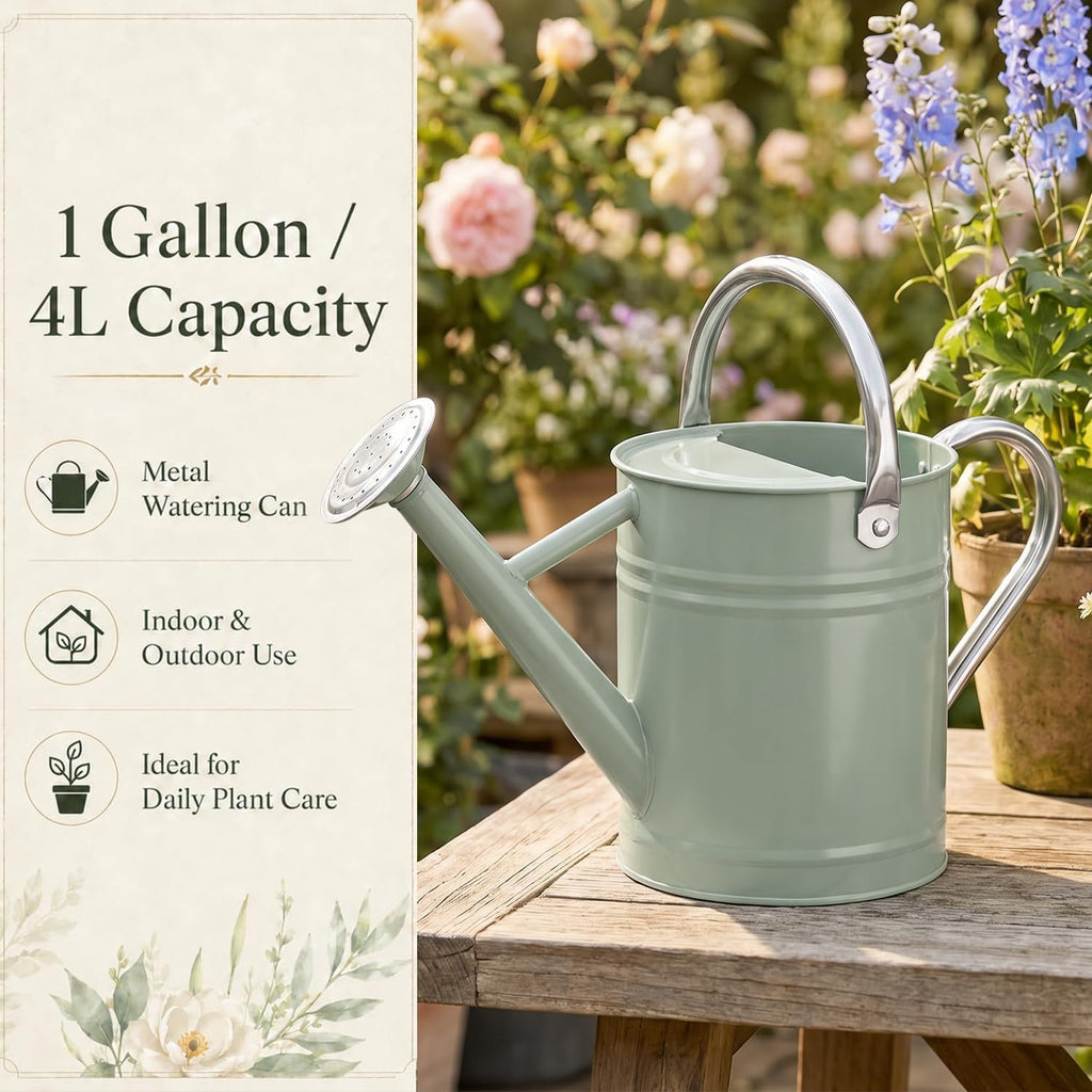 1 Gallon Metal Watering Can for Indoor Outdoor Plants, Cream Green | Removable spout switches between gentle shower and