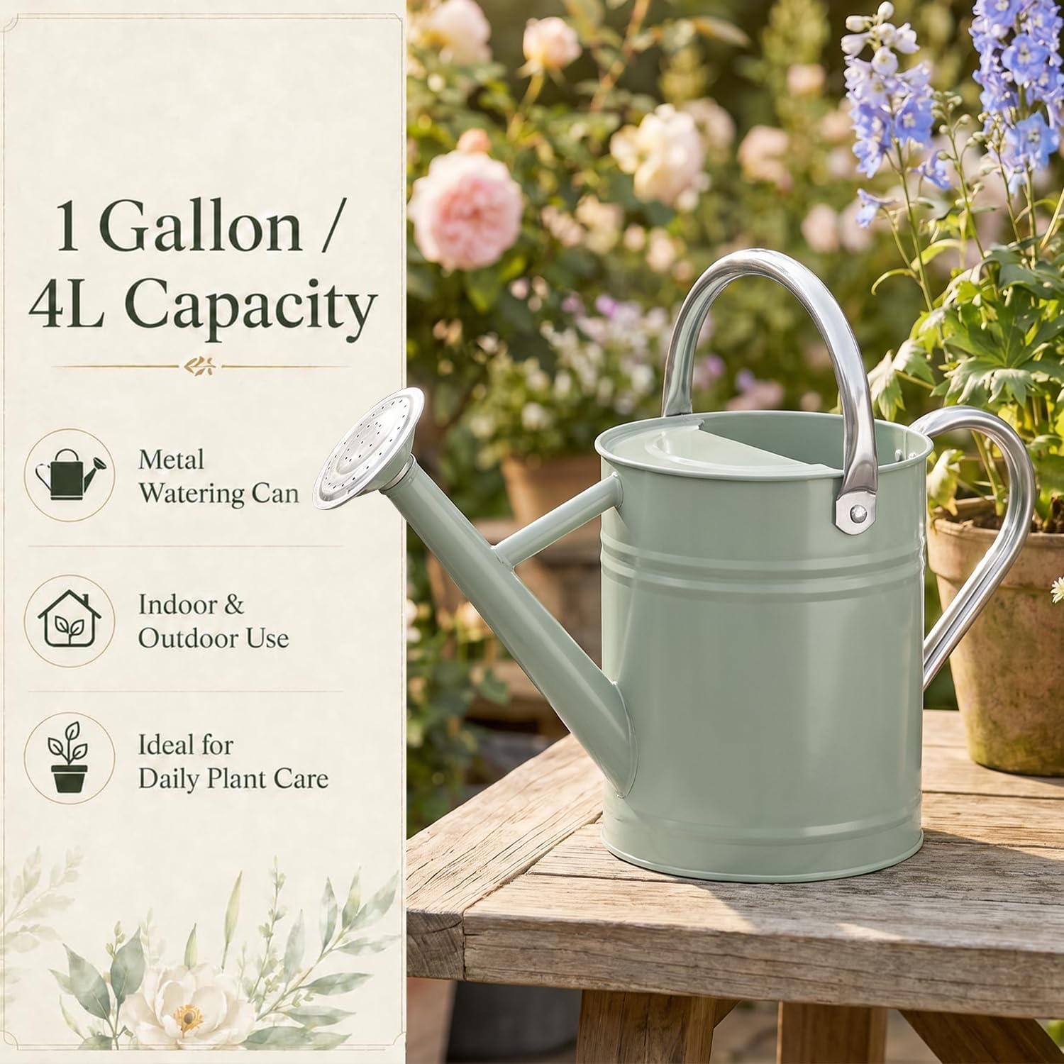 1 Gallon Metal Watering Can for Indoor Outdoor Plants, Cream Green | Removable spout switches between gentle shower and
