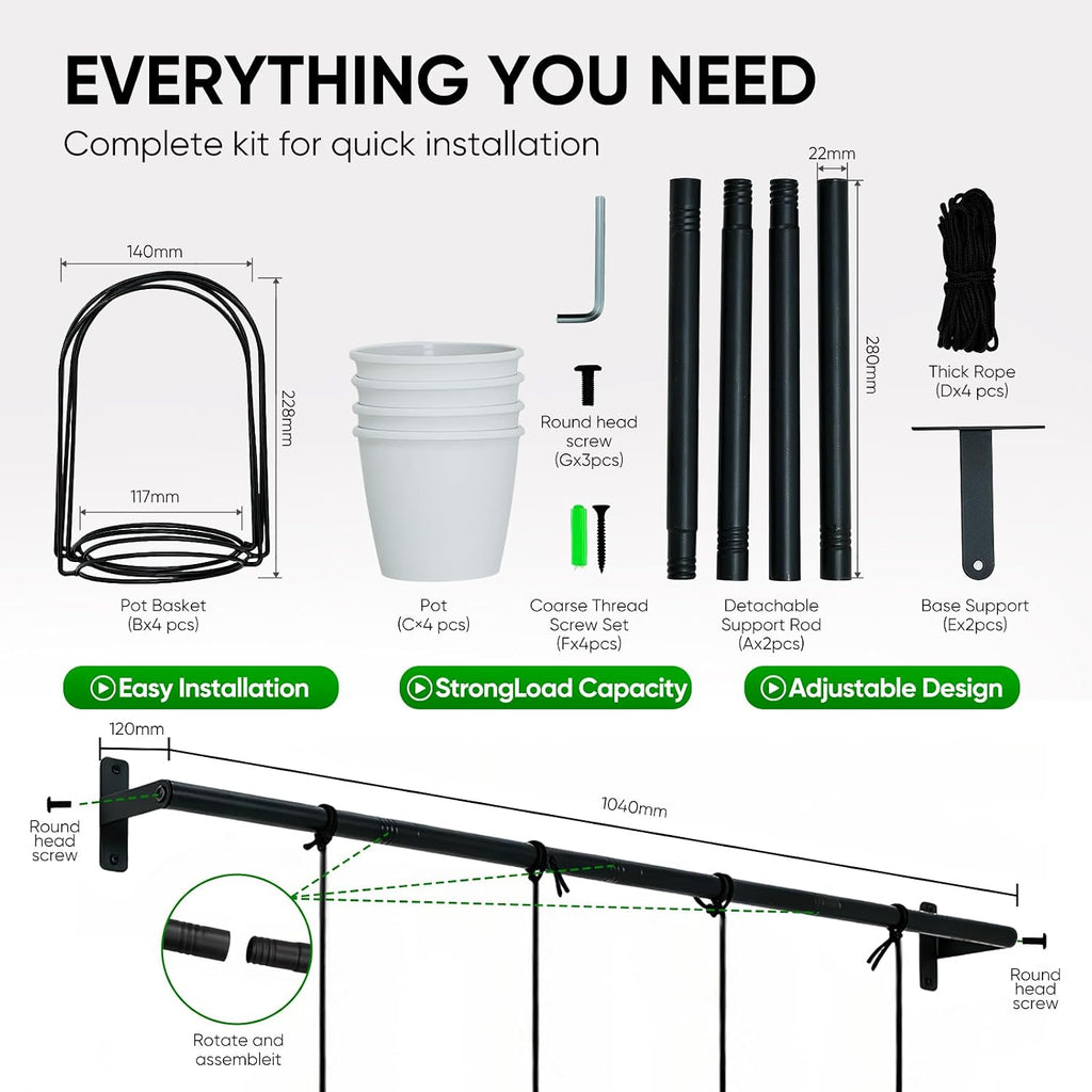 Window Plant Hanger with 4 Pots, 40 Inch Adjustable Hanging Planters for Indoor Plants, Metal Wall/Ceiling Plant Rod