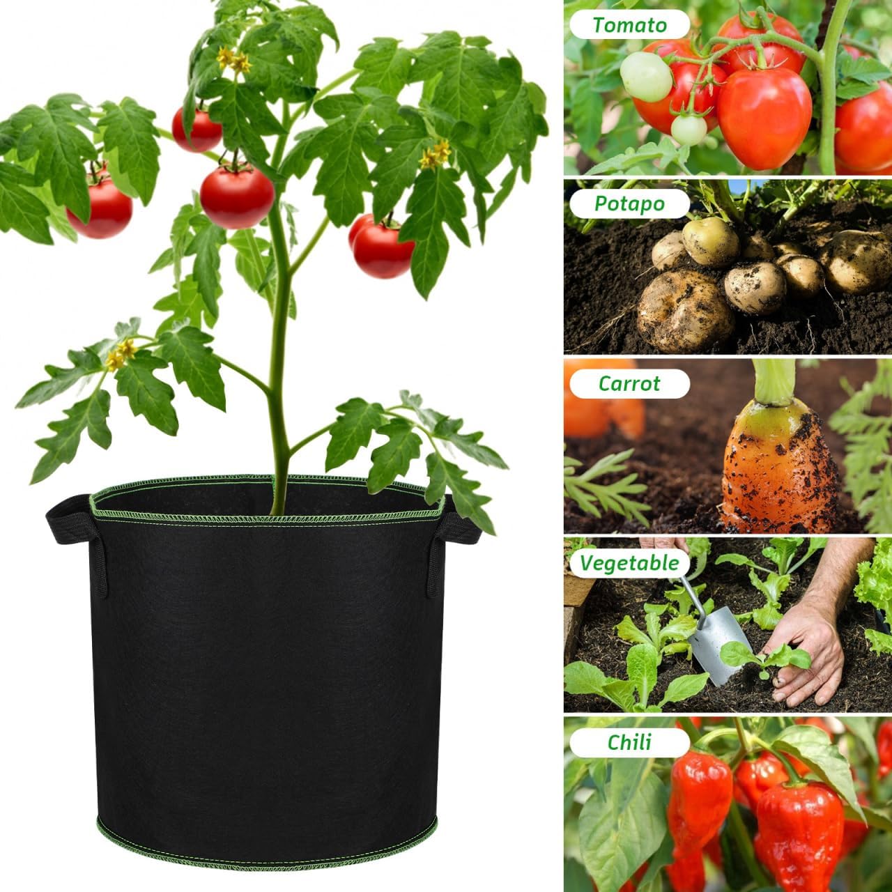 YARNOW 5-Pack 4 Gallon Fabric Grow Bags, Non-Woven Plant Pots with Reinforced Handles for Vegetables, Tomatoes