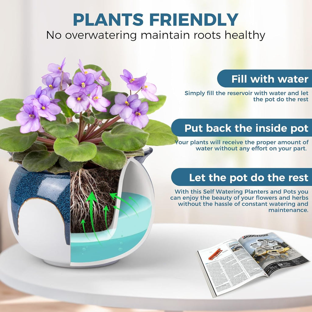BUYMAX African Violet Pots, 6 inch Ceramic Easy Self Watering Plant Pot for Busy Plant Lovers, Automatically Absorb