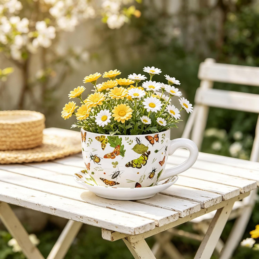 Ceramic Teacup Planter Pot with Saucer - 5.9 Inch Coffee Cup Shaped Plant Pot with Drainage Hole Butterfly Insect
