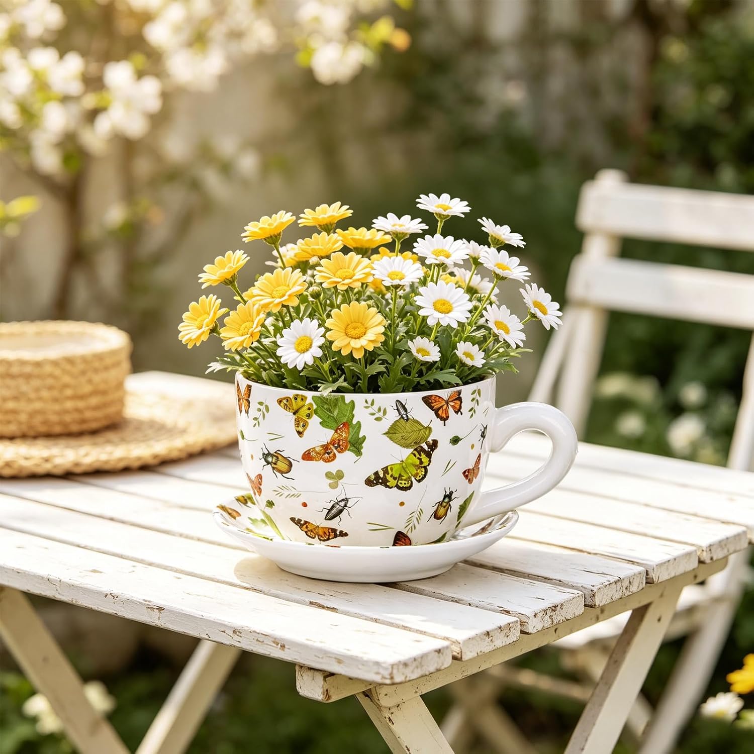 Ceramic Teacup Planter Pot with Saucer - 5.9 Inch Coffee Cup Shaped Plant Pot with Drainage Hole Butterfly Insect