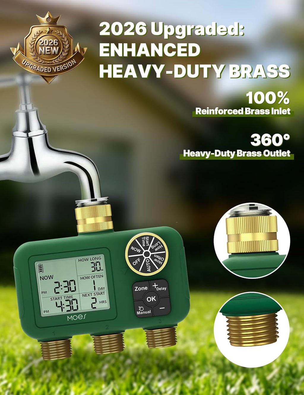 MOES 3 Zone Water Timer, Brass Fittings, Sequential Watering, No Wi-Fi | 3 Independently Programmable Outlets With 3/4