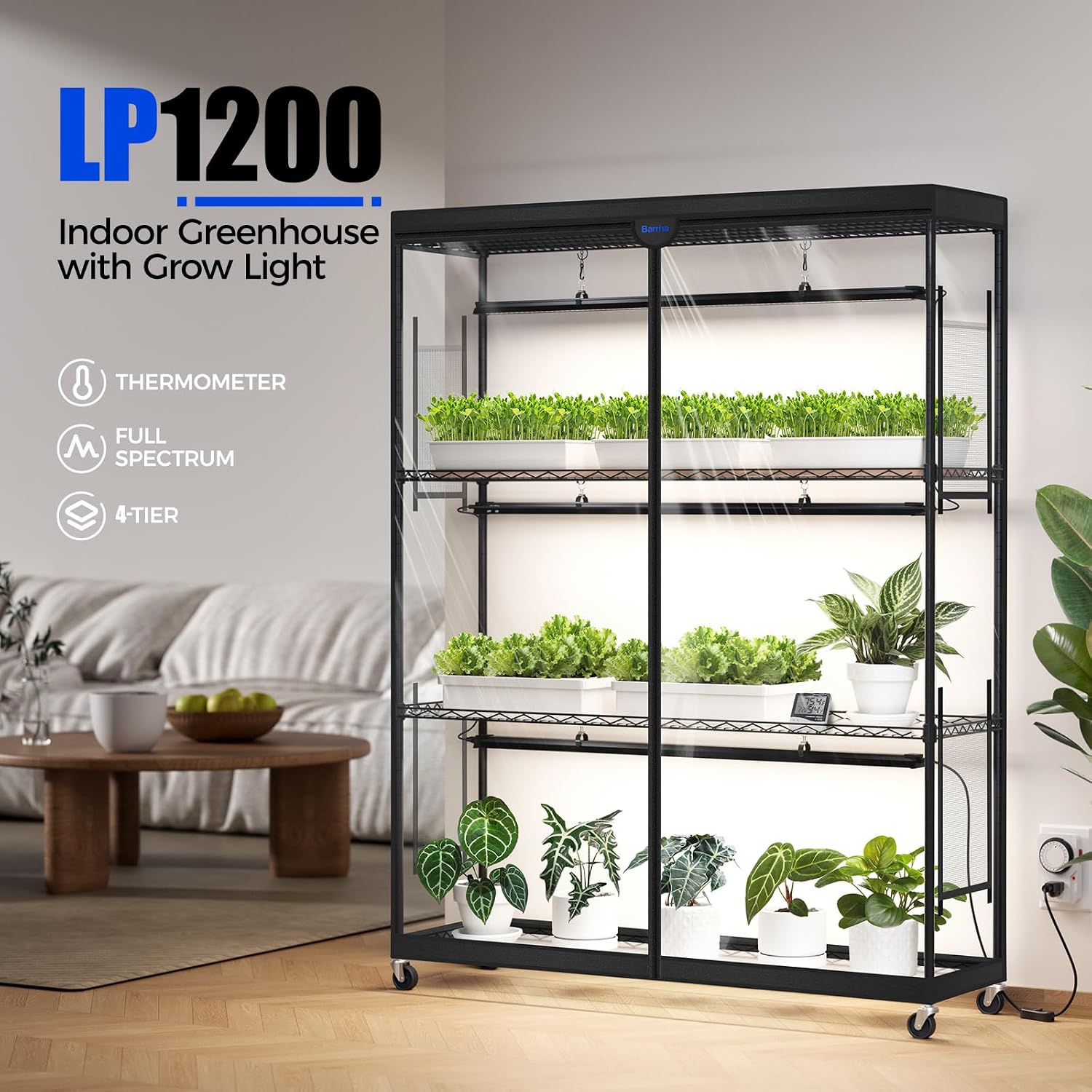 Barrina LP1200 Indoor Greenhouse with Grow Light, 4 Tier Stand with Tent | Adjustable Shelf, 150W TX-S50 3.2FT 5000K