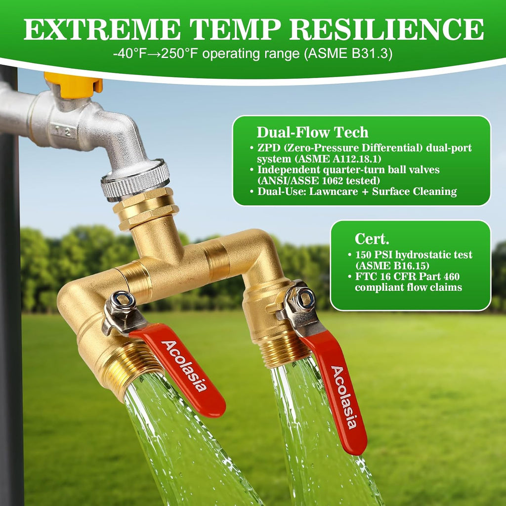 Hose Splitter 2 Way Heavy Duty Brass Garden Hose Splitter with 360° Rotatable, 304 Stainless Steel Long Handle Outdoor