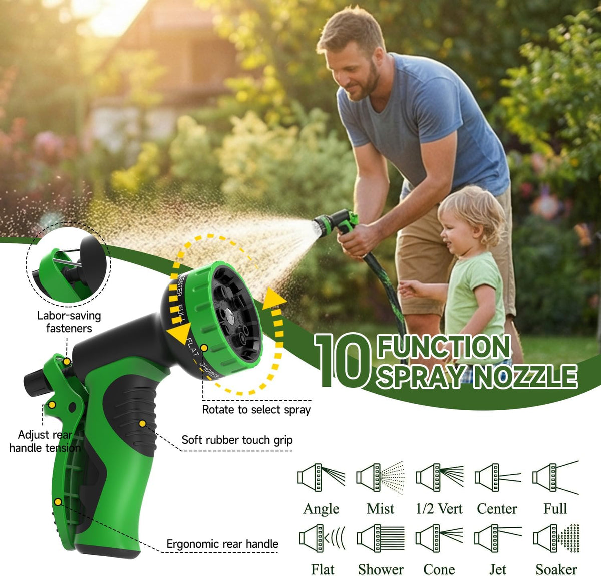 Non-Expandable Garden Hose 50 FT, Heavy-Duty & Flexible Water Hose with 10-Function Nozzle, Kink-Free & Leak-Proof