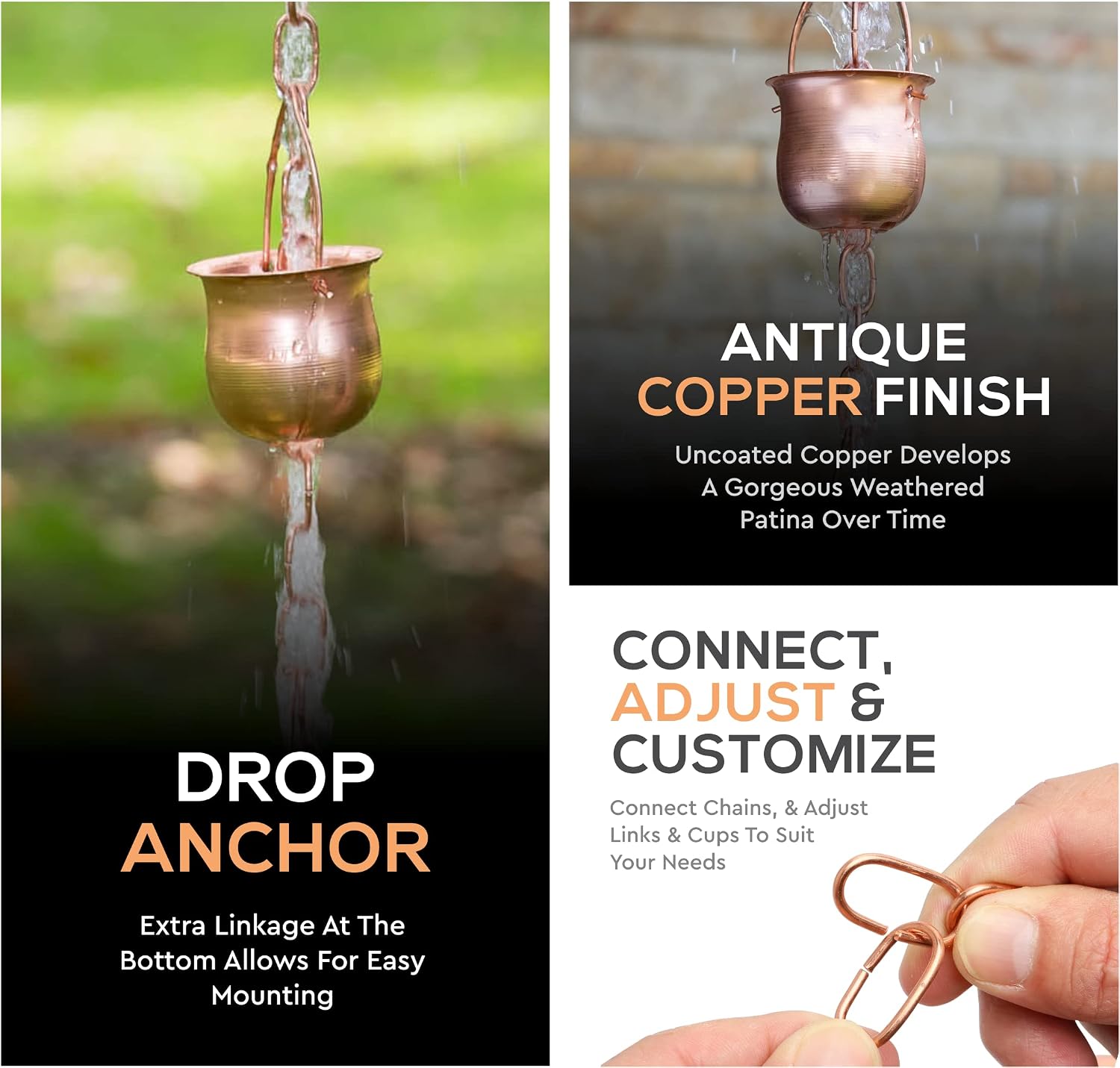 Copper Rain Chain – Decorative Chimes & Cups Replace Gutter Downspout & Divert Water Away from Home for Stunning