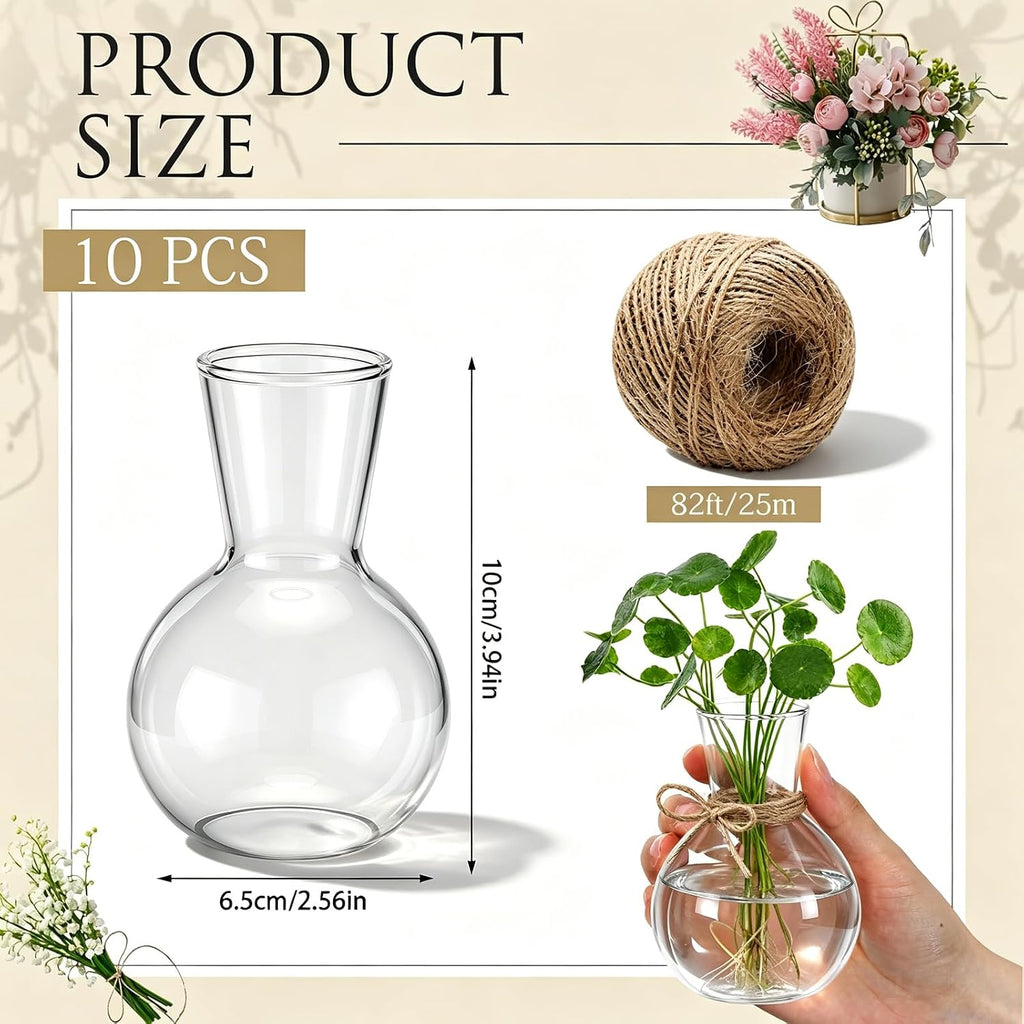 10 Pack Glass Plant Propagation Stations, Plant Terrarium Bulb Glass Propagation Vases with Hemp Rope, Clear