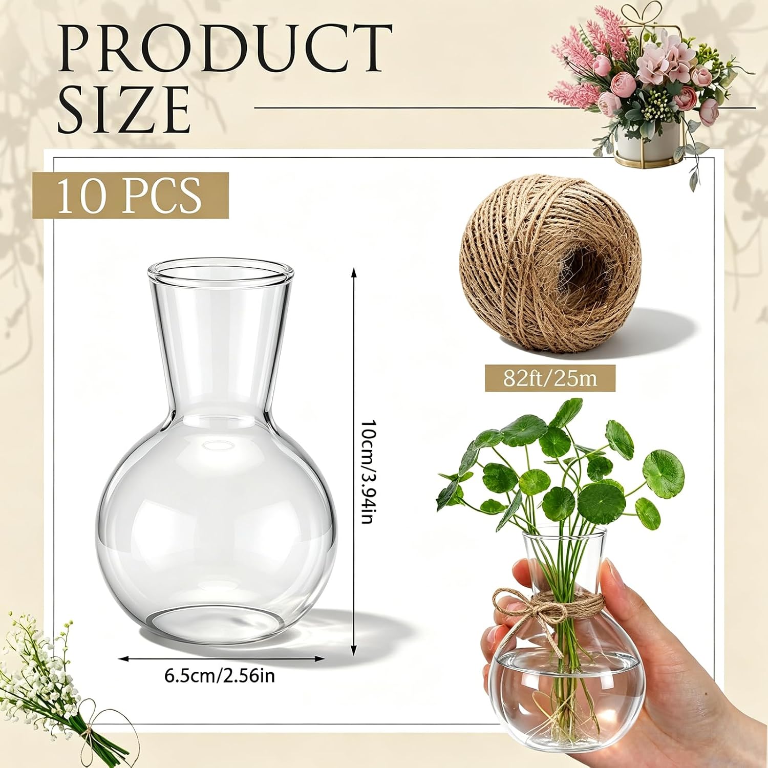 10 Pack Glass Plant Propagation Stations, Plant Terrarium Bulb Glass Propagation Vases with Hemp Rope, Clear