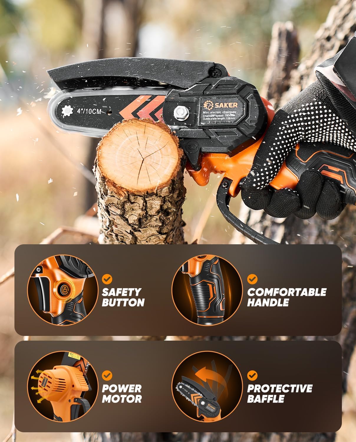 Saker Mini Chainsaw Cordless with 2 Batteries Orange | Portable Electric Chainsaws Cordless,Handheld Chain Saw Pruning