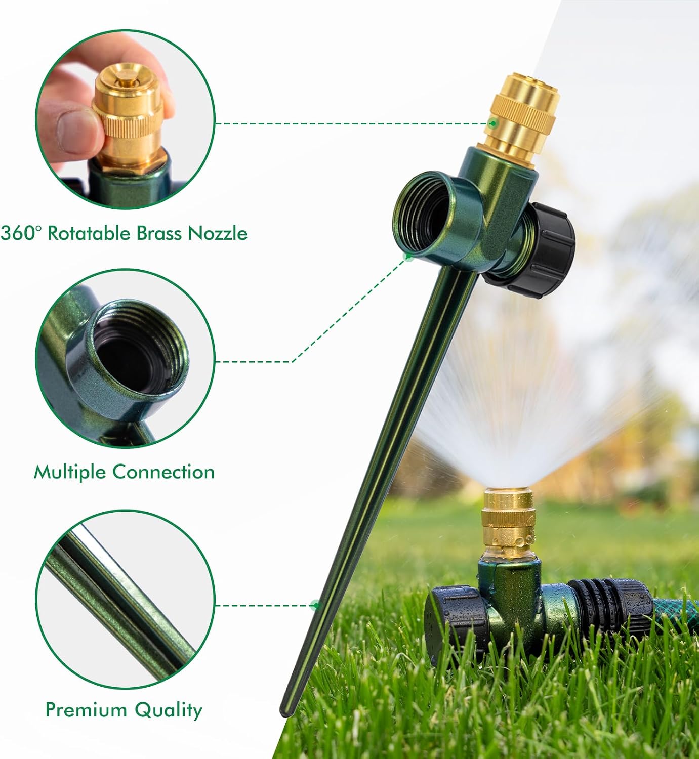 RESTMO 3 Pack Heavy-Duty Full-Metal Lawn Sprinklers for Yard | Durable Brass Nozzle, Premium Sprinkler Spike Base, 360°