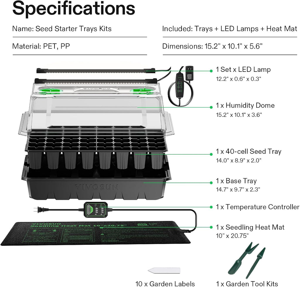 VIVOSUN 1-Pack Seed Starter Kit, 40-Cell Tray, LED Lights and Heat Mat | 10"x20.75" Seedling Heating Mat, 3.6" Higher