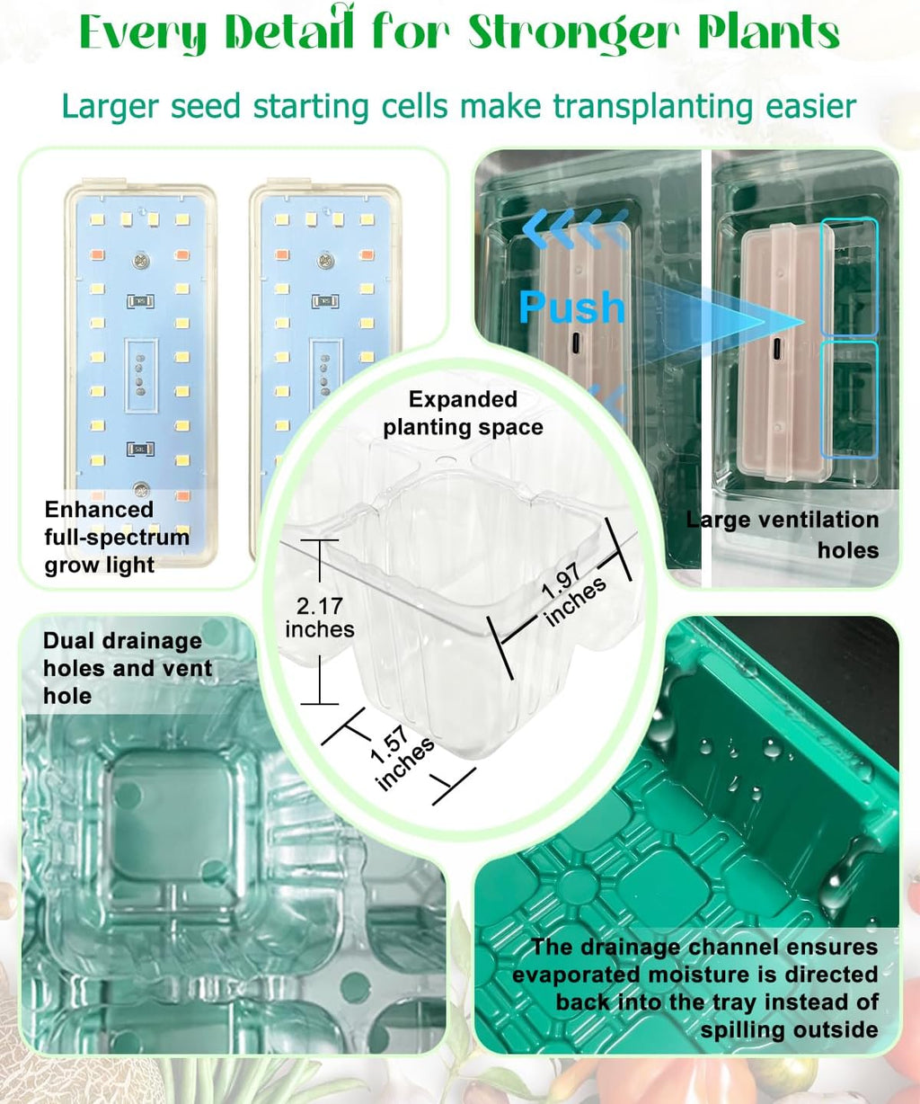 Seed Starter Tray with Grow Light (4x 24-LED), 4 Pack for Seed Starting | Seed Starter Kit with Humidity Domes and
