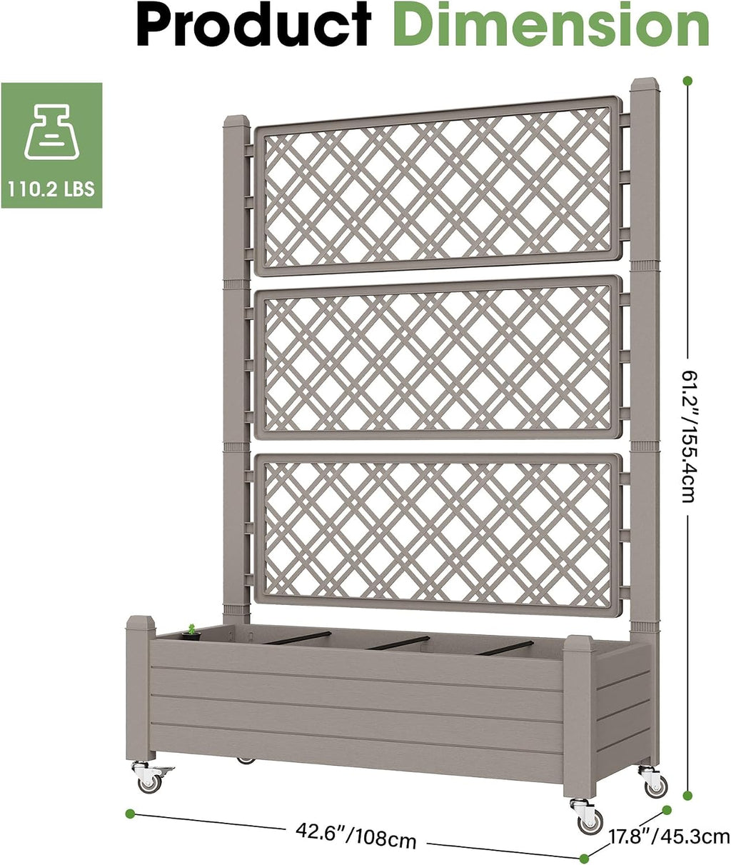 Fancyango Raised Garden Bed with Wheels 61.2" H -Gray | Resin Elevated Garden Planter Box with Trellis, Outdoor Planter