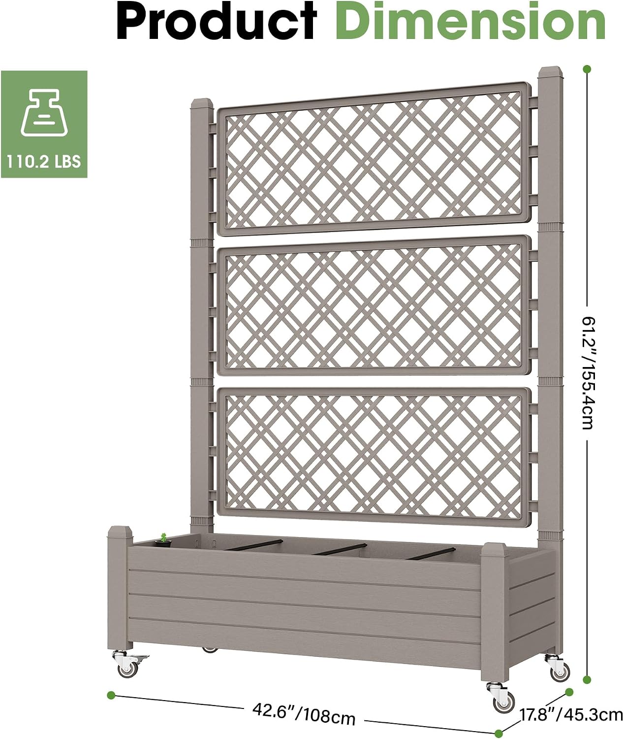 Fancyango Raised Garden Bed with Wheels 61.2" H -Gray | Resin Elevated Garden Planter Box with Trellis, Outdoor Planter
