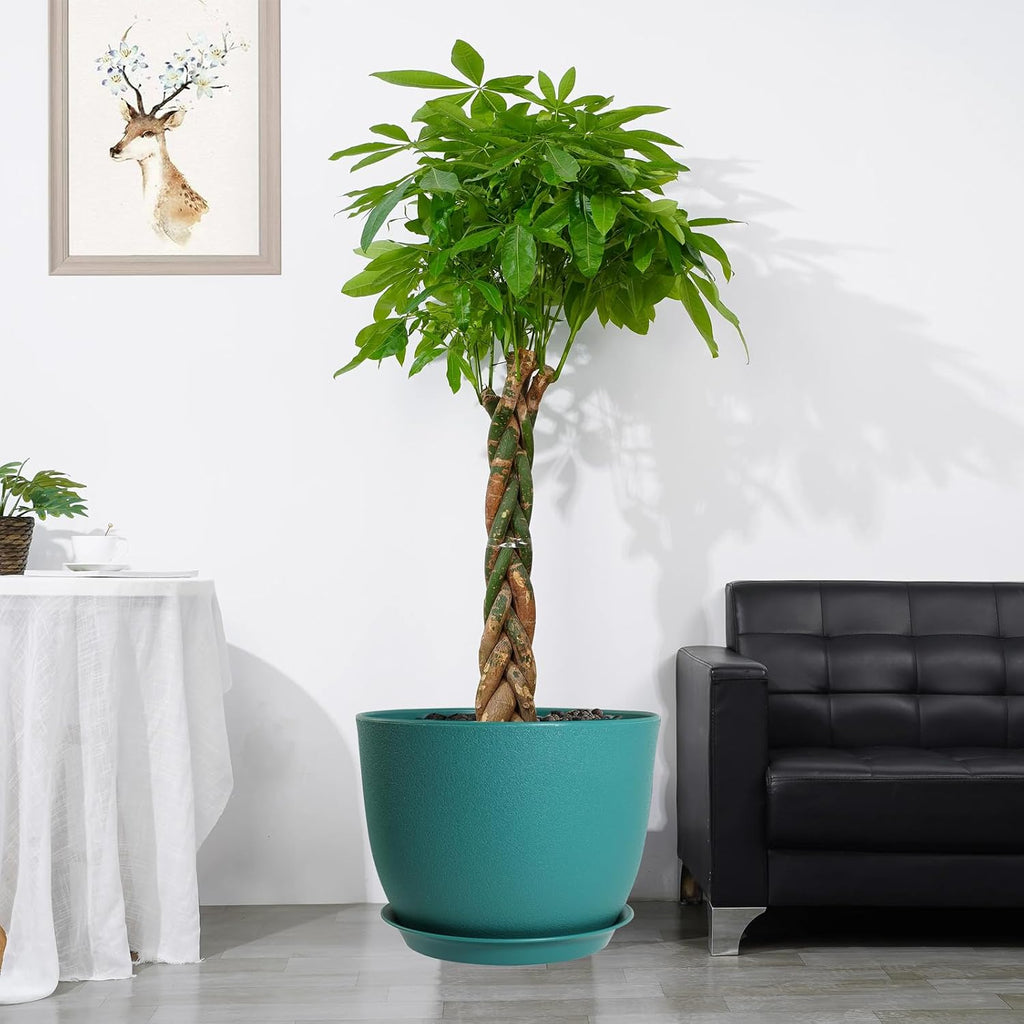 UOUZ 12inch Large Plant Pot, Modern Plastic Planter with High Driange Holes and Saucer for Indoor Outdoor Garden Plants