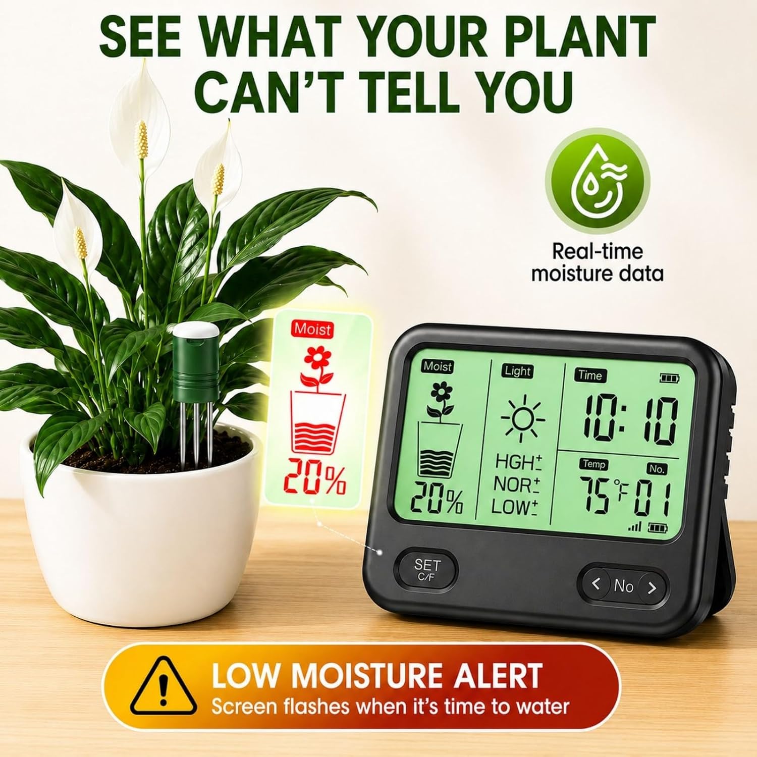 4-in-1 Soil Moisture Meter for Plants ,Soil Temperature /Moisture /Sunlight Time, Large Screen, Garden Soil Tester for