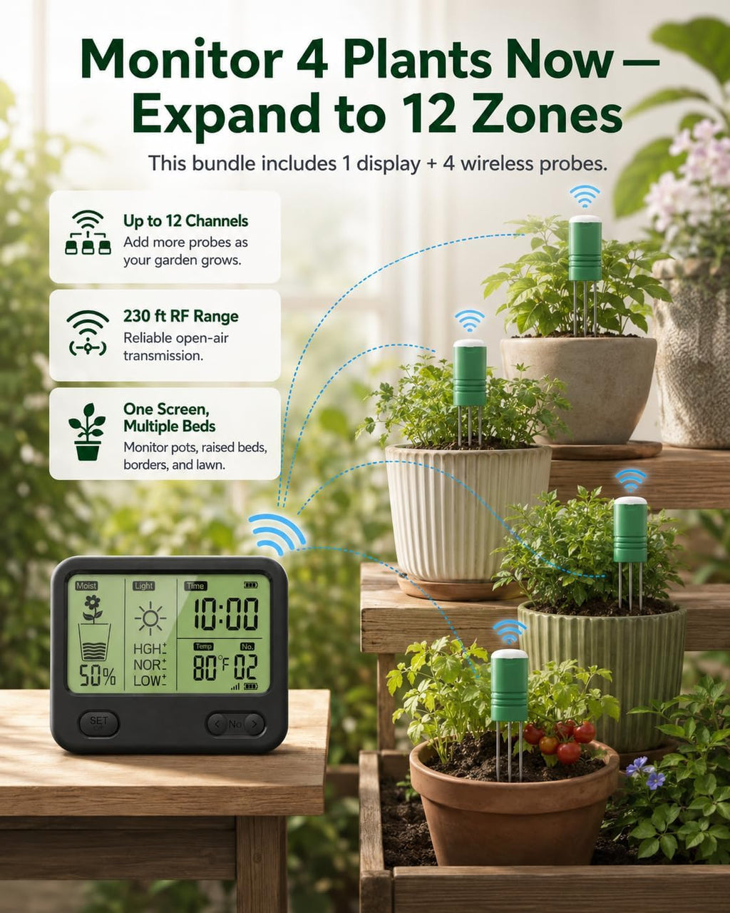 Soil Moisture Meter for Plants, 12-Zone Wireless Plant Water Meter, Soil Thermometer and Light Sensor, 4-in-1 TDR