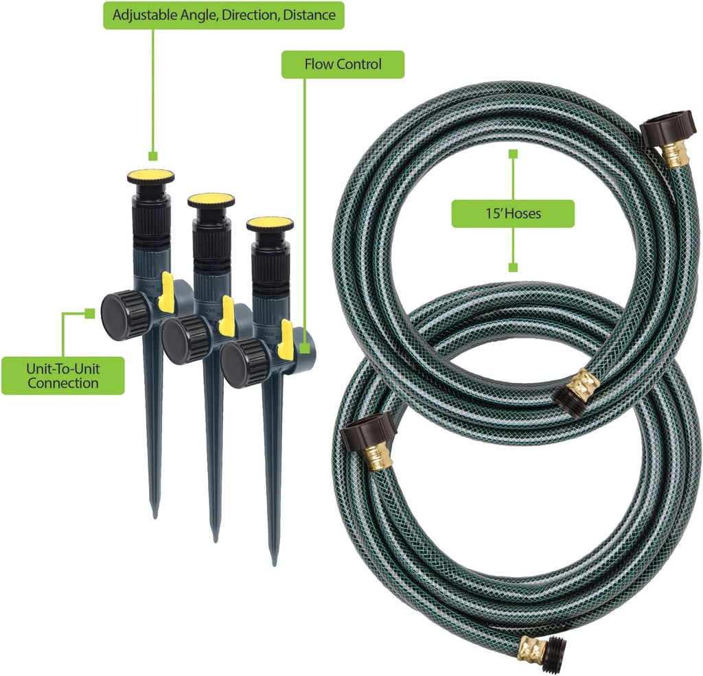 Melnor Multi-Adjustable Watering Set, 1800 Sq Ft: 3 Sprinklers, 2 Hoses | 65191AMZ | Adjustable Angle, Direction &