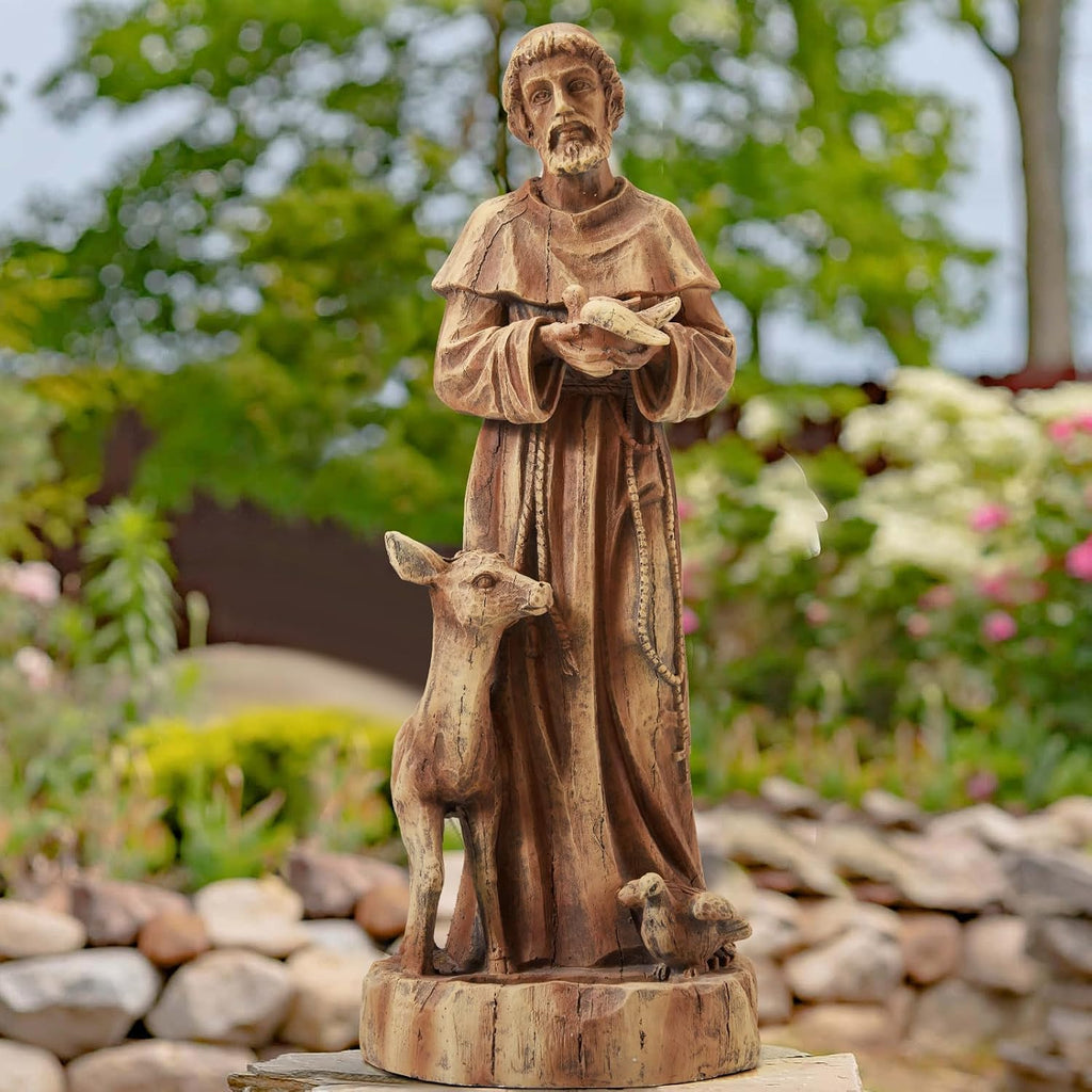 25" Saint Francis Statue with Bird Feeder, Outdoor Garden Decor | Hand Painted St. Francis with Animals Garden Statue