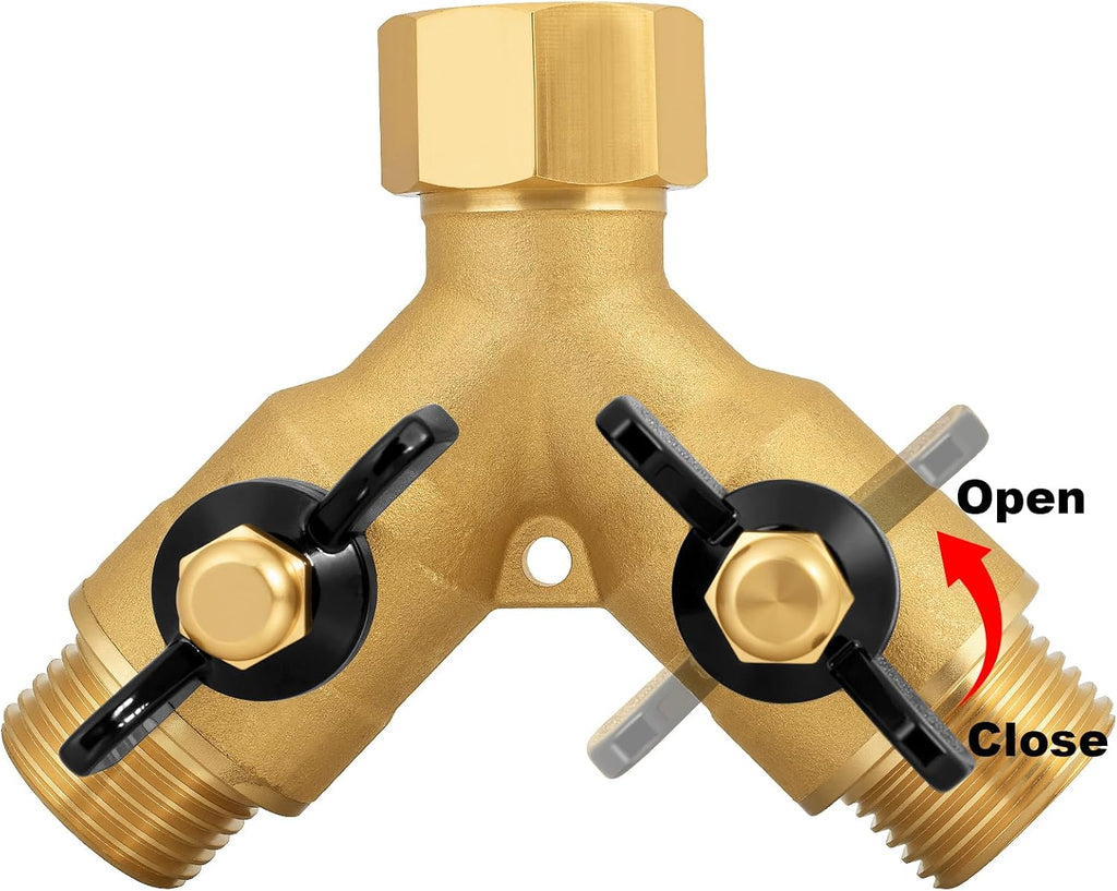 Heavy-Duty Brass 2-Way High-Flow Garden Hose Splitter, Outdoor Faucet Y-Valve Diverter Connector with Butterfly Handle