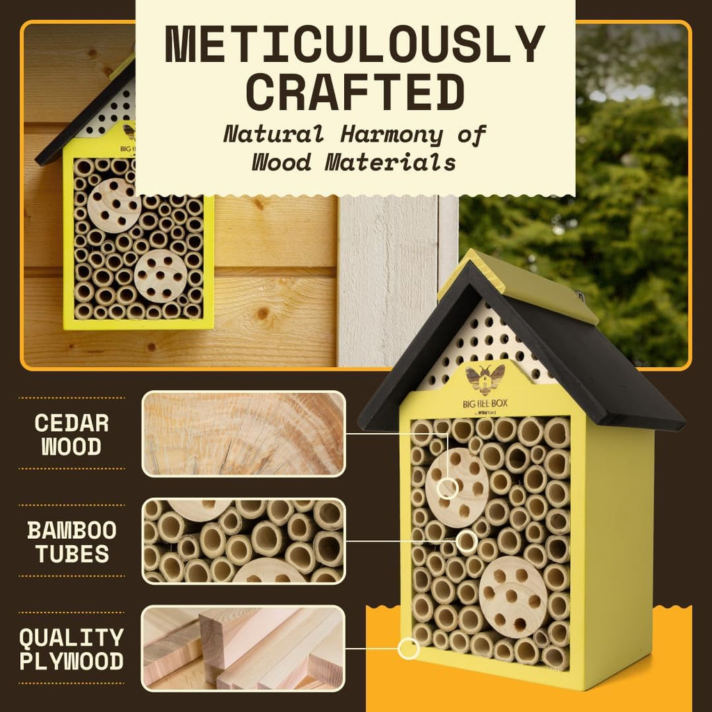 Bee House for Garden - Yellow with Nesting Tubes, Easy Mount | Wooden pollinator hotel with removable nesting tubes