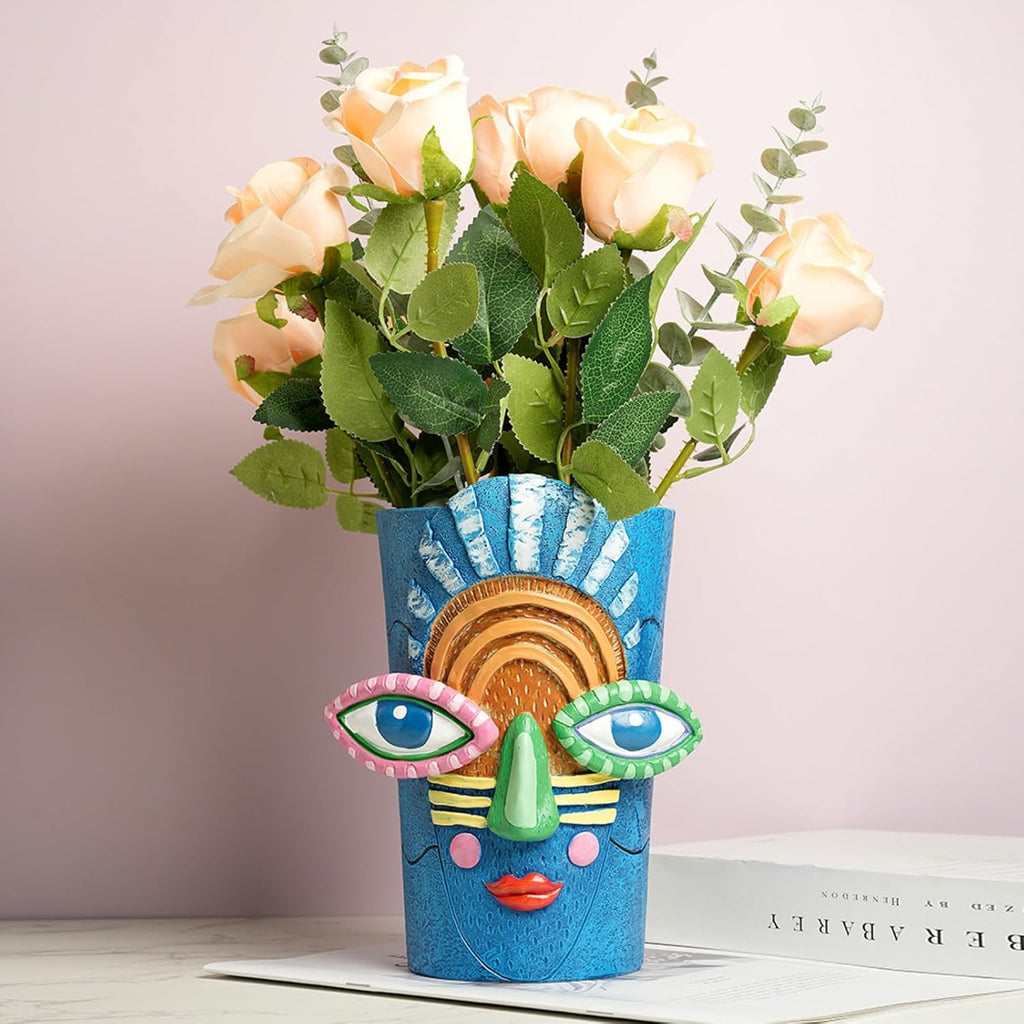 Picasso Blue Face Planter Pots/Vase, Colorful Abstract Head Planter Handmade Resin Flower Pot with Drainage Unique Home