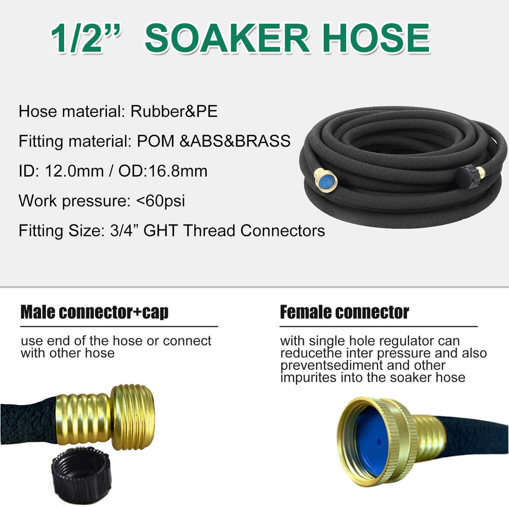 Soaker Hose 1/2" 50ft Rubber Garden Soaker Hoses, Water Seeper Round Drip Hose, Heavy Duty Drip Irrigation Hose For