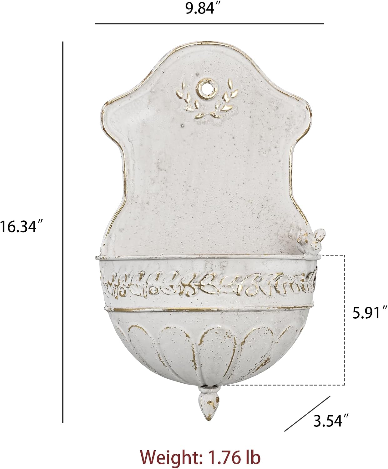 Vintage Distressed White Metal Wall Planter, Rustic Hanging Pocket Planter with Scrollwork & Scalloped Design