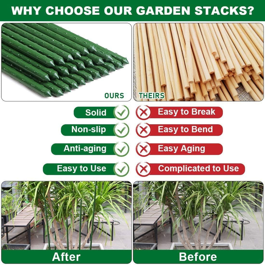 Steel Plant Stakes 3 Feet, Plastic Coated Metal Garden Stakes Supports Climbing for Tomatoes, Trees, Beans, 25 Pack