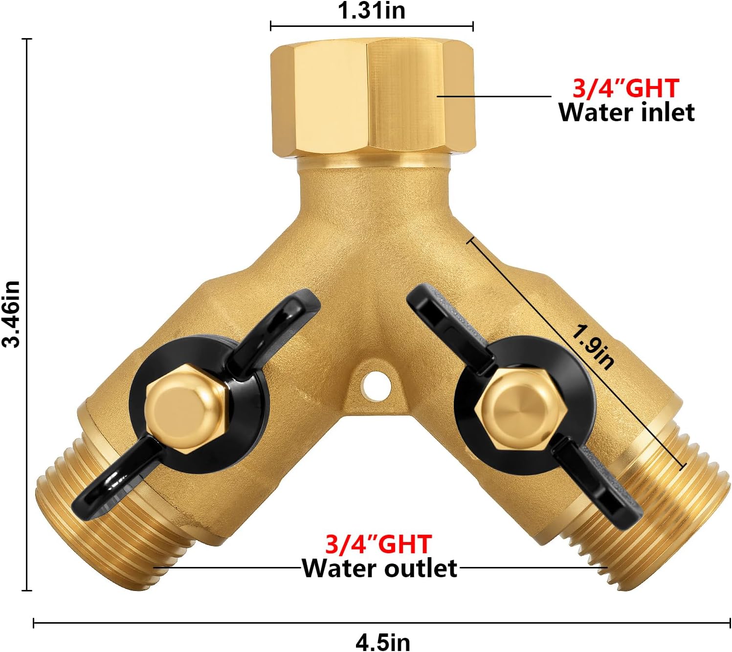 Heavy-Duty Brass 2-Way High-Flow Garden Hose Splitter, Outdoor Faucet Y-Valve Diverter Connector with Butterfly Handle