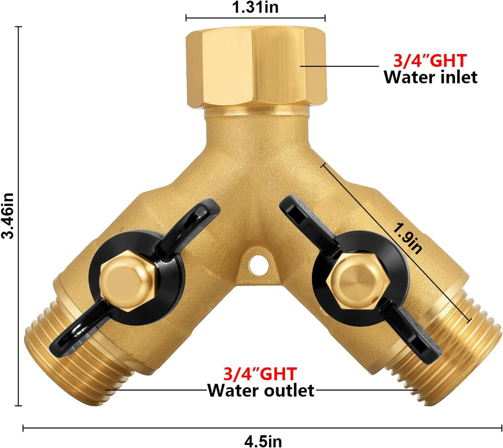 Heavy-Duty Brass 2-Way High-Flow Garden Hose Splitter, Outdoor Faucet Y-Valve Diverter Connector with Butterfly Handle