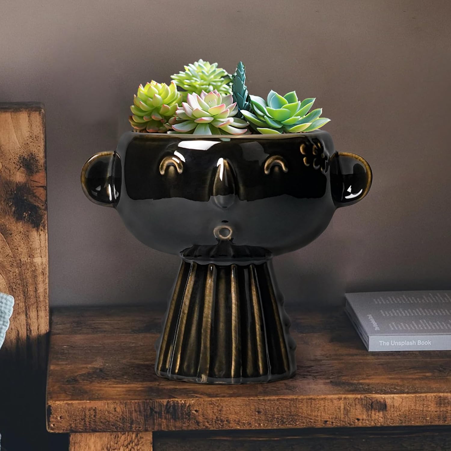 Head Planter 7 Inch - Ceramic Face Planters with Drainage Hole, Funny Succulent Pots for Indoor Outdoor, Cute