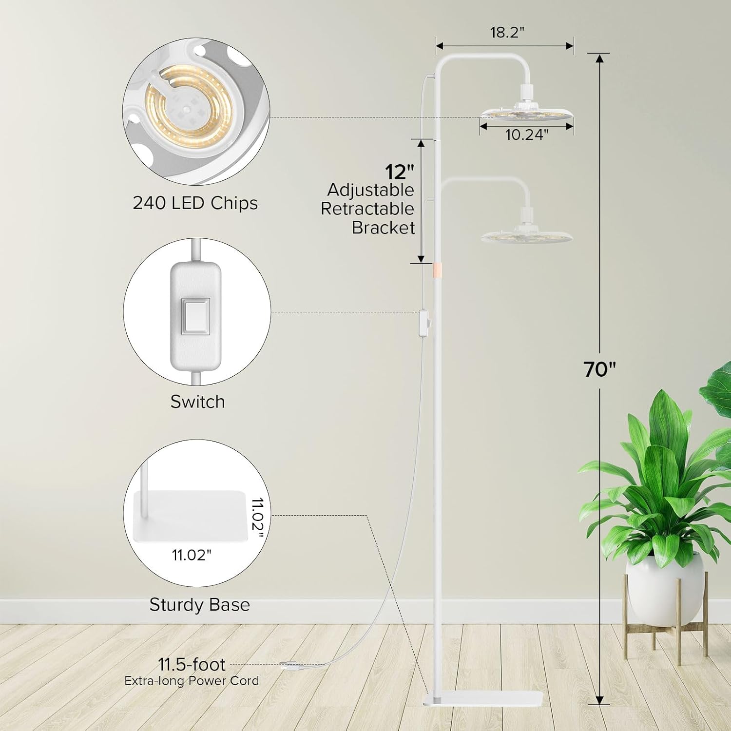 SANSI Grow Lights for Indoor Plants, 100W Full Spectrum Tall Standing | 10200LM, 240 LEDs, CRI Near 100, Adjustable