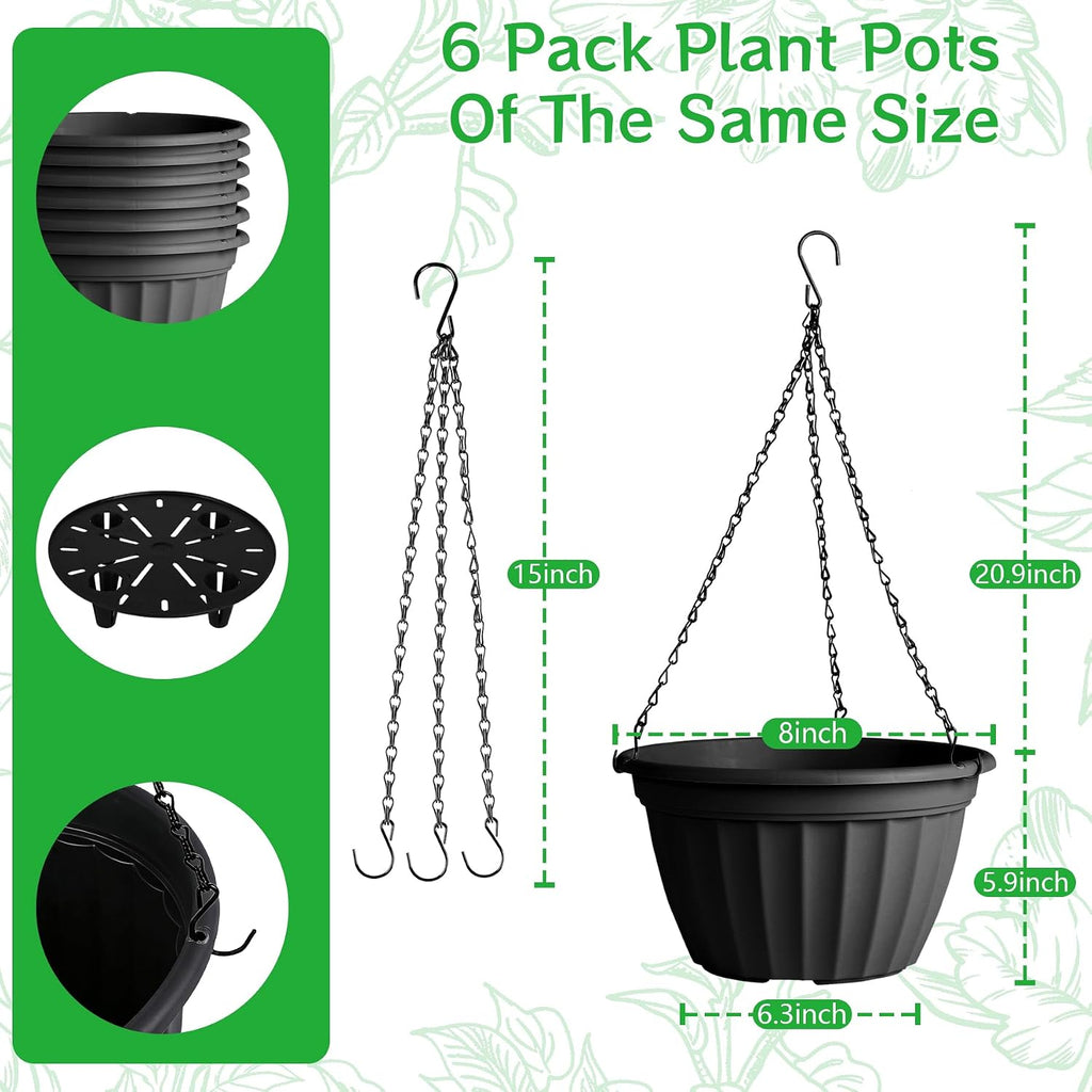 FGstyle 6 Pack 8 Inch Hanging Planters,Hanging Baskets for Plants Outdoor | Self Watering Plastic Hanging Flower Pots