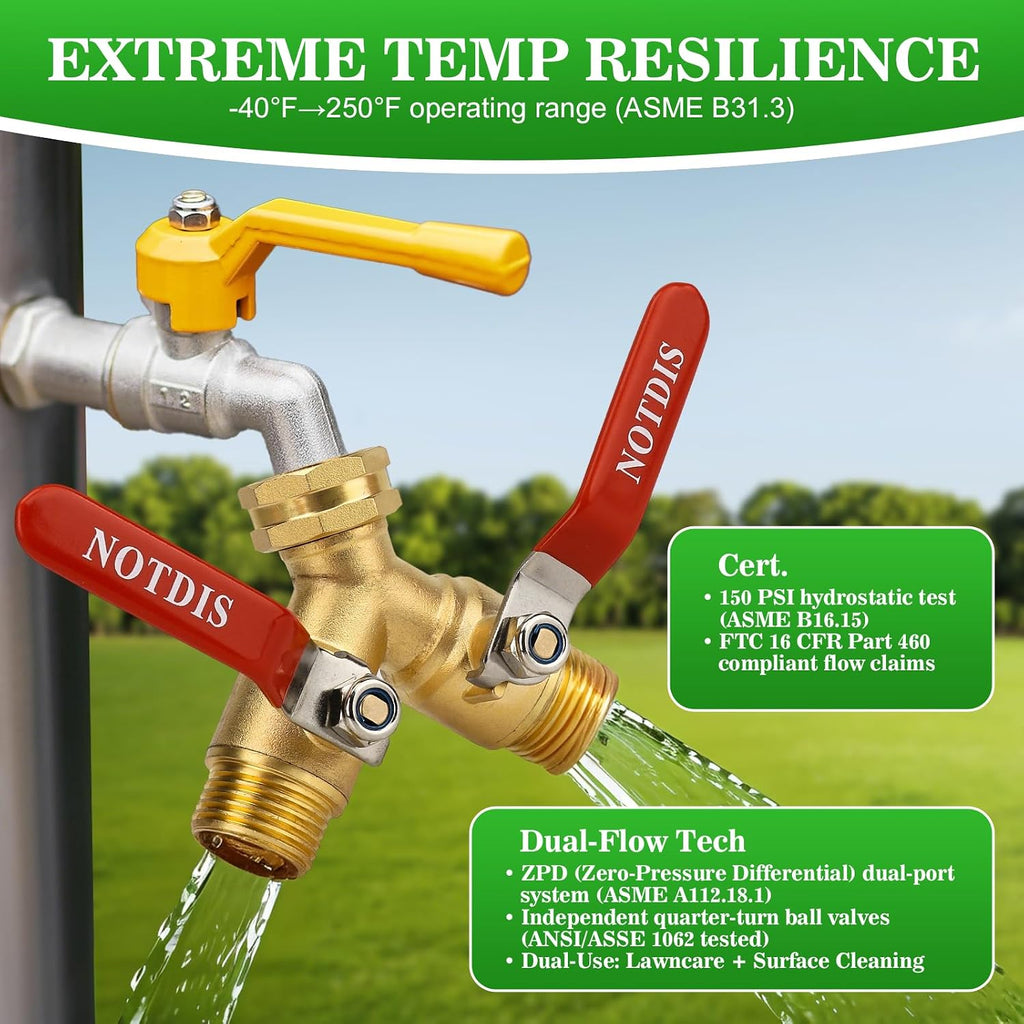 Hose Splitter 2 Way Heavy Duty Brass Garden Hose Splitter with 304 Stainless Steel Long Handle Outdoor Full Flow Hose