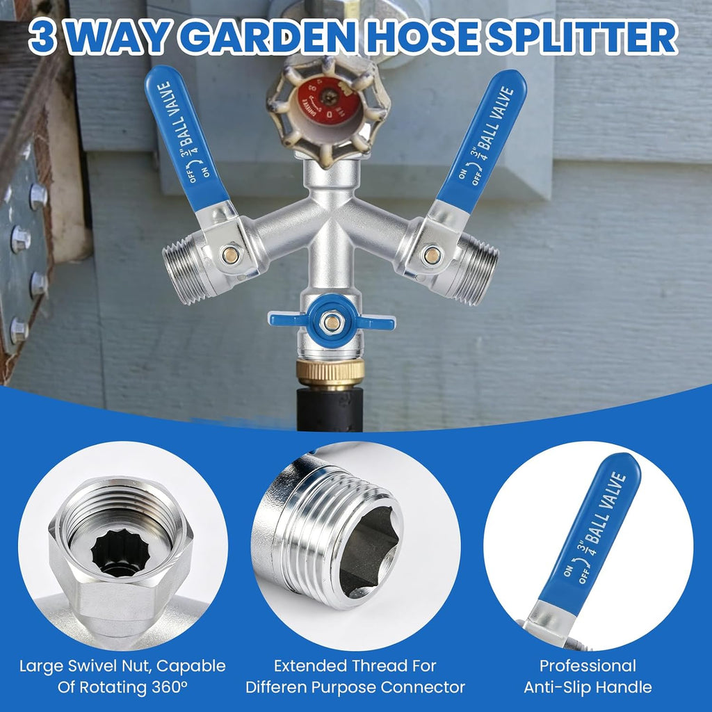 3 Way Garden Hose Splitter, 304 Stainless Steel Hose Splitter, with Shut-off Valves, full flow hose splitter, Rust &