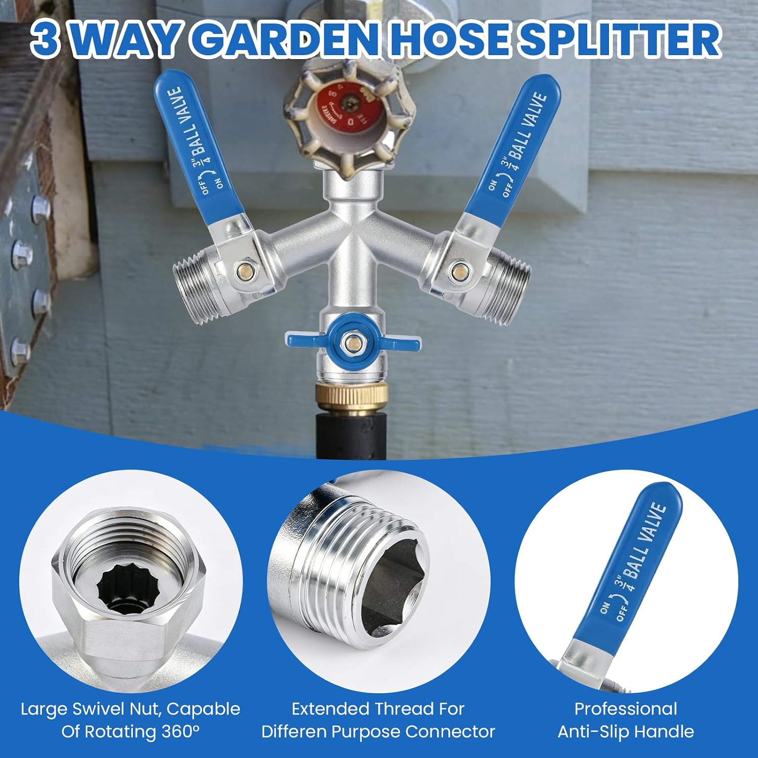 3 Way Garden Hose Splitter, 304 Stainless Steel Hose Splitter, with Shut-off Valves, full flow hose splitter, Rust &